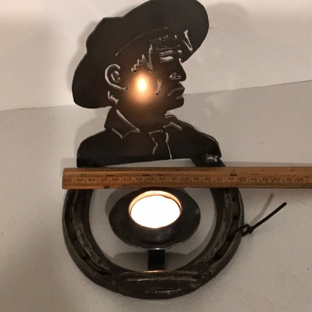 Cowboy silhouette Candle Hand Wrought Holder Welded Horseshoe Metal Art NWT